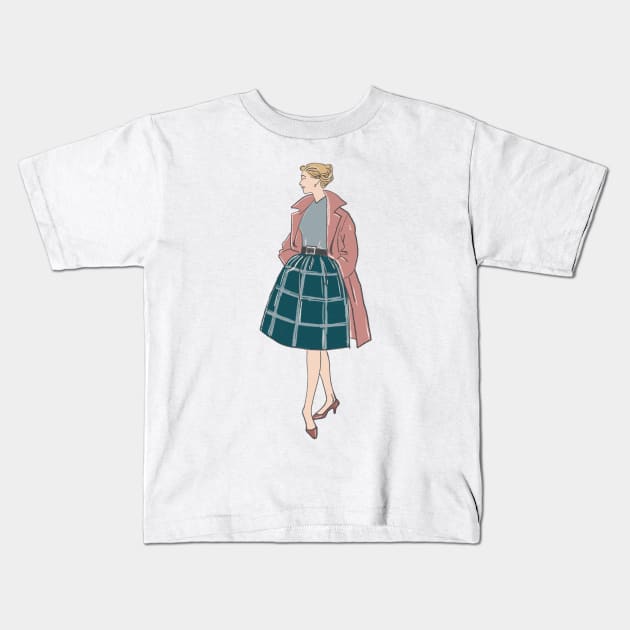 Model from an old fashion magazine in an autumn coat and dress Kids T-Shirt by Evgenija.S